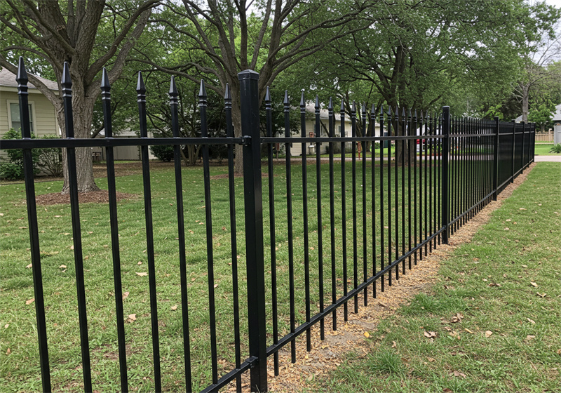 A long black metal fence with pointed finials on its pickets extends through a residential area with a green lawn. Mature trees and houses are visible in the background.