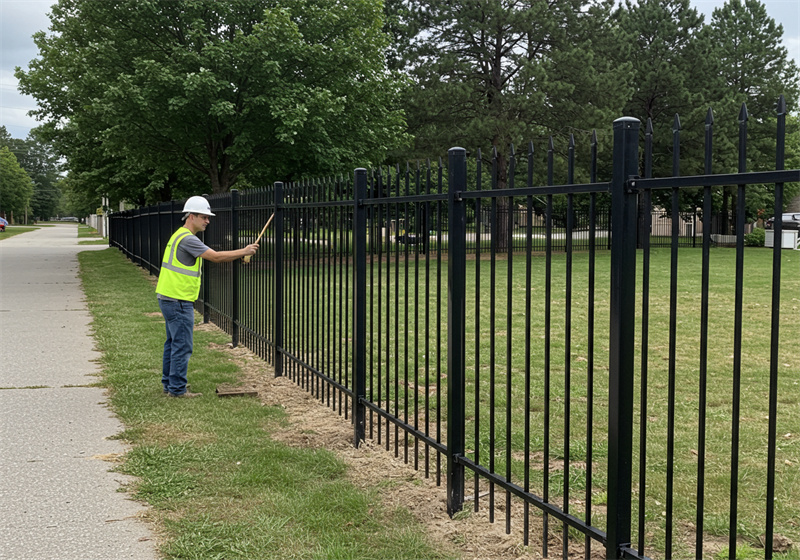 A worker in a hard hat and safety vest is examining a section of a black metal fence that runs alongside a paved sidewalk and a grassy park area.