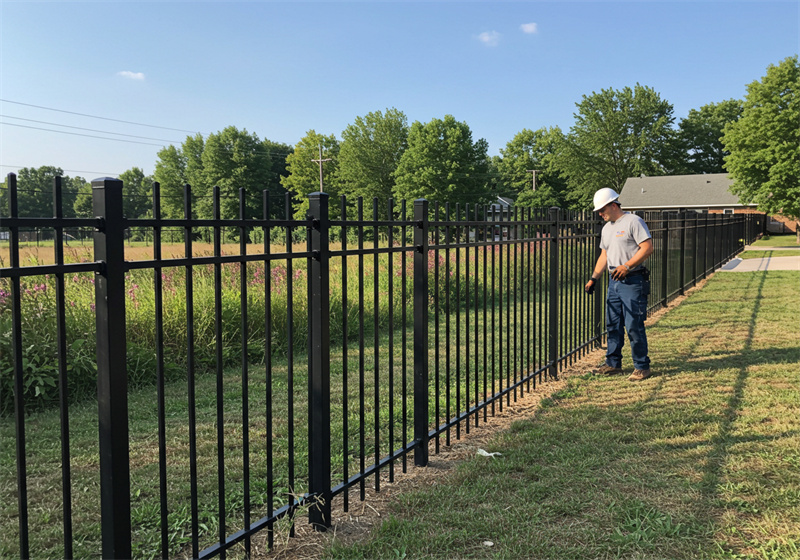 A worker in a white hard hat and blue jeans is inspecting or working on a black metal fence that runs along a grassy area, with a field and trees in the background.
