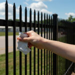 A hand wiping down a black steel picket fence with a cloth, illustrating the ease of maintenance and cleaning for metal fencing.