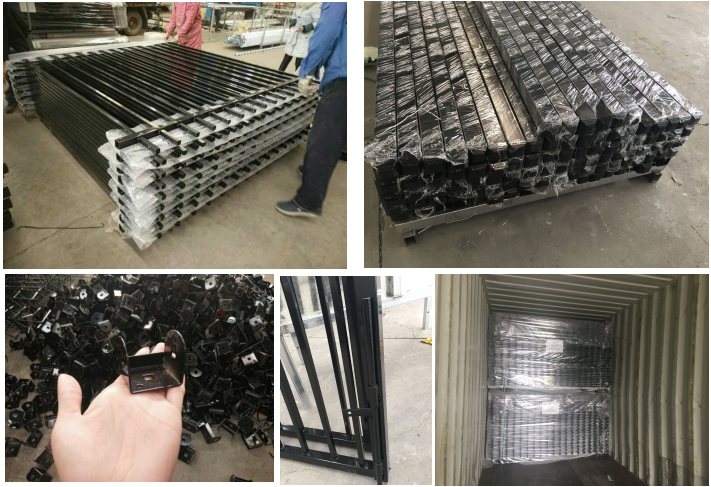 A collage of five images depicting various stages of fence panel handling and shipping: workers stacking black metal fence panels, wrapped panels on pallets, a hand holding small black metal brackets, a close-up of a black fence panel, and wrapped fence panels loaded inside a shipping container.