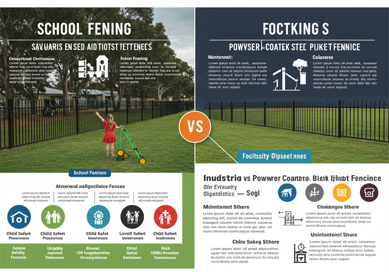 An infographic titled "SCHOOL FENING" and "FOCTKING S" compares two types of fencing. The "School Fening" side shows a child near a fence in a park-like setting with icons related to child safety, while the "Foctking S" side shows a fence with industrial buildings and icons related to security and maintenance.