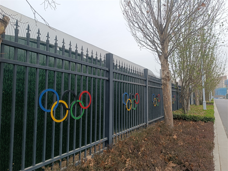 A black metal fence, backed by a green screen, features colorful Olympic rings attached at regular intervals. The fence runs alongside a road with bare trees and dry ground cover, suggesting a public or event-related area.