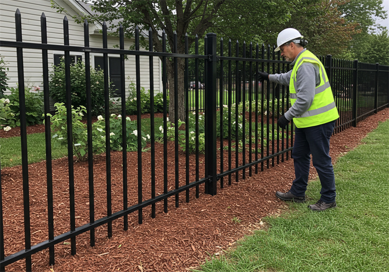 A worker wearing a hard hat and high-visibility vest inspecting the quality and installation of a black steel picket fence in a landscaped area.