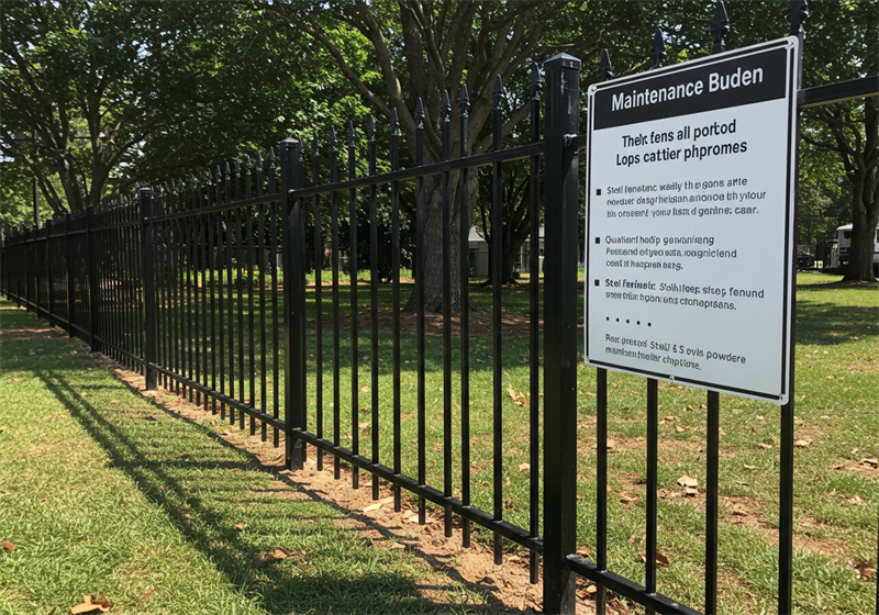 A long black steel picket fence in a green park-like setting, featuring a white sign titled "Maintenance Buden" (likely Maintenance Burden), indicating information about fence upkeep.