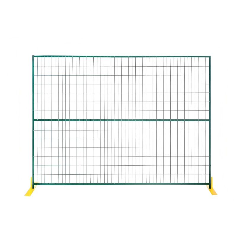 A single green welded wire mesh temporary fence panel with yellow flat feet, isolated on a white background.