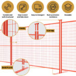 An infographic illustrating the key features and components of a red temporary fence panel, highlighting its durability, ease of erection and transport, rust and corrosion resistance, and reusability, with labels for the panel, top pin, and base plate.