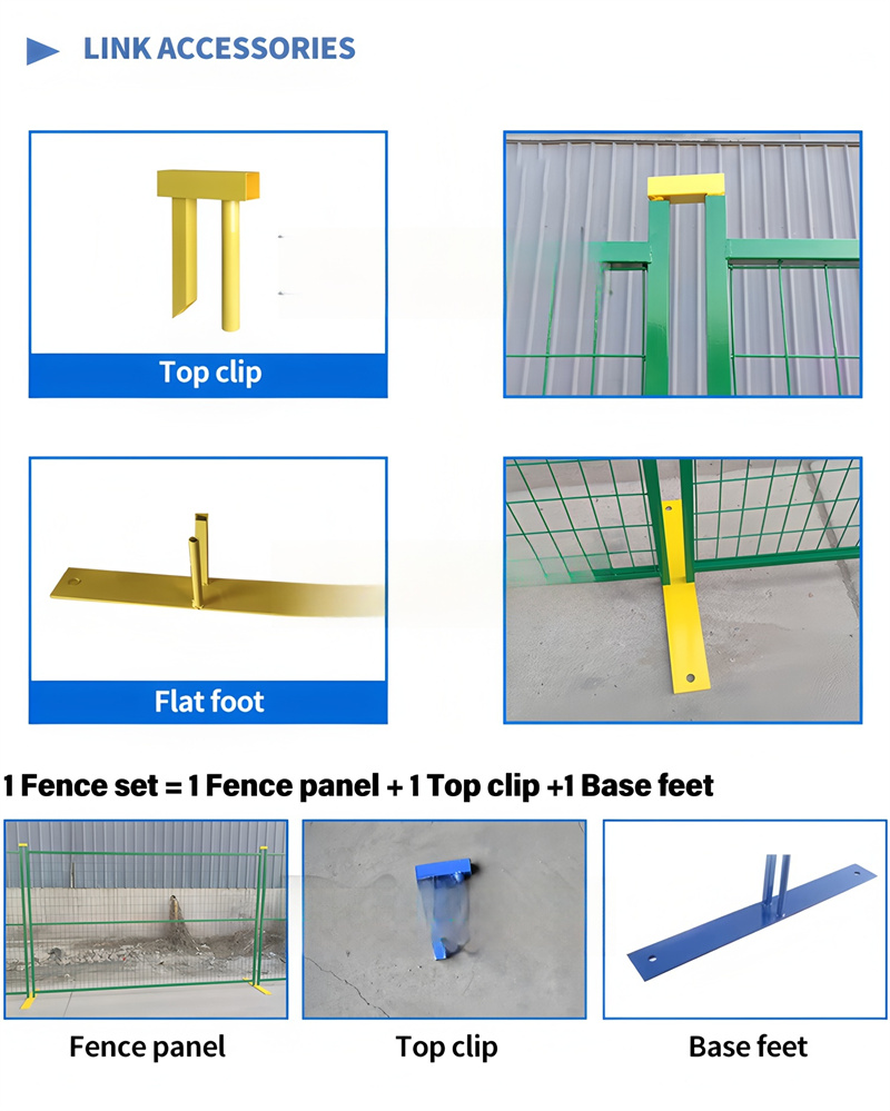 Temporary fence link accessories showing yellow top clips, flat foot bases, and complete fence set components including panel, clips and base feet for easy assembly