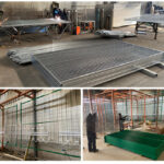 Top: Two factory workers are welding metal frames for fence panels, with stacks of finished galvanized mesh panels in the foreground. Bottom Left: Fence panels are hanging on a conveyor system in a factory, some are green, indicating a painting or coating process. Bottom Right: Stacked green fence panels are visible on the floor in a factory, with workers nearby.