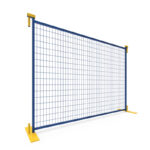 A 3D render of a blue temporary mesh fence panel with yellow flat bases and yellow top connectors, isolated on a white background.