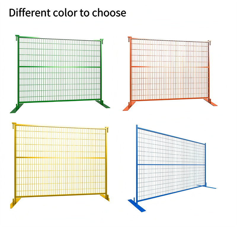 Four temporary fence panels in different powder-coated colors: green, orange, yellow, and blue, showcasing color options.