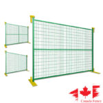 Green welded wire mesh temporary fence panels with yellow plastic bases, featuring a 'Canada Fence' logo and Canadian flag design.