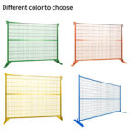 A grid showing four temporary mesh fence panels in different colors: green, orange, yellow, and blue, each with matching bases, demonstrating various color options available.