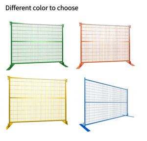 A grid showing four temporary mesh fence panels in different colors: green, orange, yellow, and blue, each with matching bases, demonstrating various color options available.