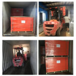 A collage of four images showing forklifts loading stacks of orange-wrapped panels or materials onto pallets into a shipping container.