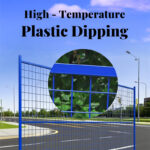 Blue temporary fence panel, illustrating its high-temperature plastic dipping coating, with a magnified view showing the smooth, protective finish on the mesh wires.