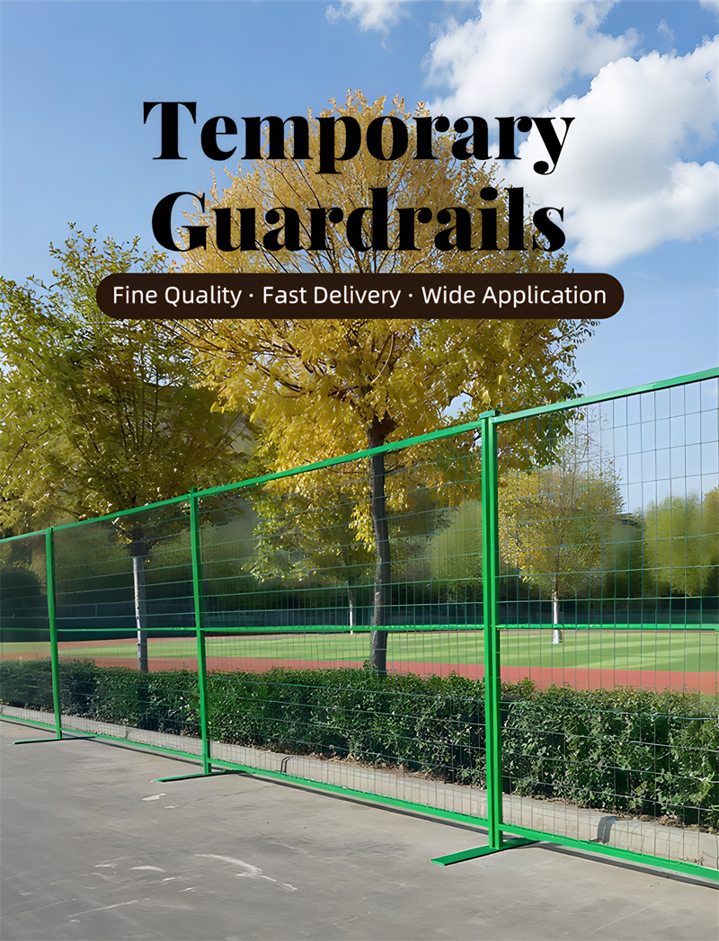 A promotional image titled 'Temporary Guardrails' featuring a line of green temporary fence panels with green bases along a paved area next to trees with yellow leaves under a blue sky.