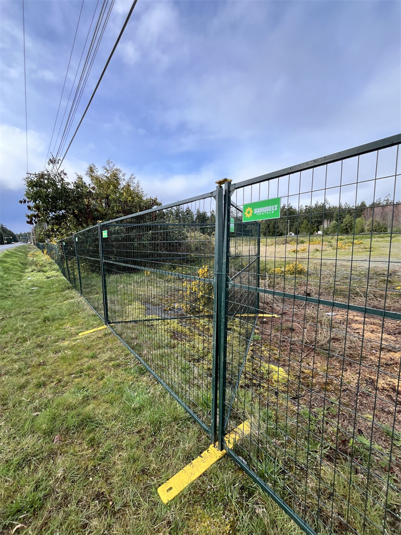 Green temporary mesh fence panels with yellow plastic bases, featuring a "Sunbelt Rentals" logo, installed along a roadside next to an undeveloped grassy area with trees.