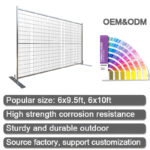 Temporary mesh fence panel with flat feet, shown alongside a Pantone color guide for customization. Text highlights popular sizes (6x9.5ft, 6x10ft), high strength, corrosion resistance, durability, and factory direct customization.