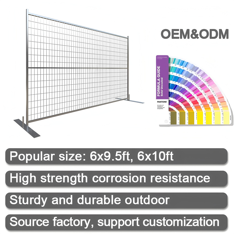 Temporary mesh fence panel with flat feet, shown alongside a Pantone color guide for customization. Text highlights popular sizes (6x9.5ft, 6x10ft), high strength, corrosion resistance, durability, and factory direct customization.