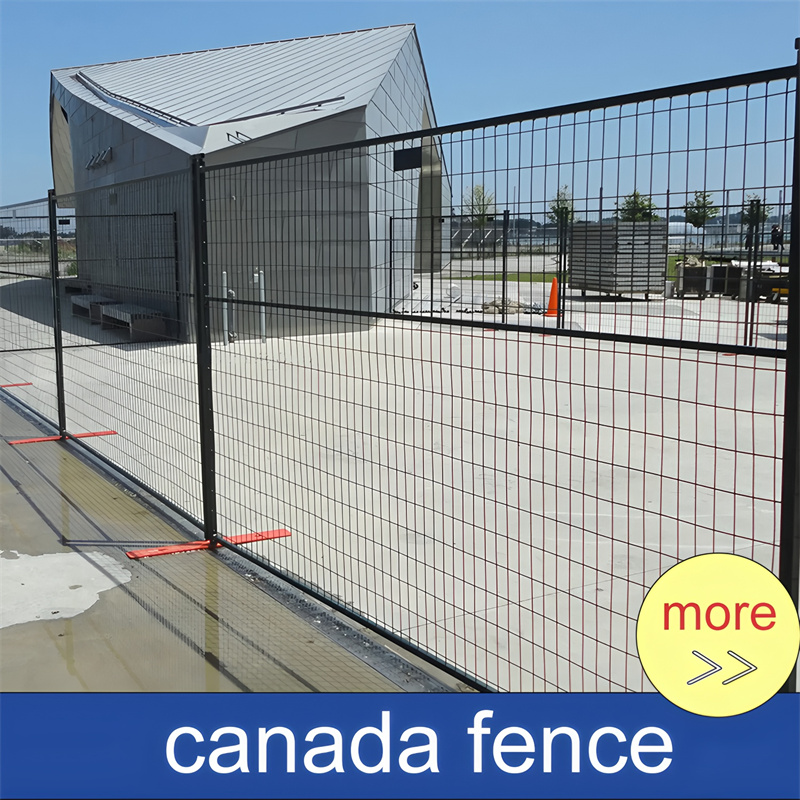 Black temporary fence panels with orange plastic base feet installed outdoors on paved ground in front of a modern building with distinctive angular roofing. Image includes "canada fence" branding and "more" call-to-action overlay in the bottom right corner.