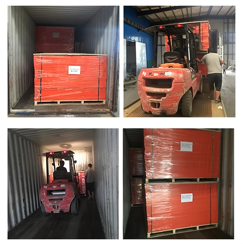 A collage of four images showing forklifts loading stacks of orange-wrapped panels or materials onto pallets into a shipping container.