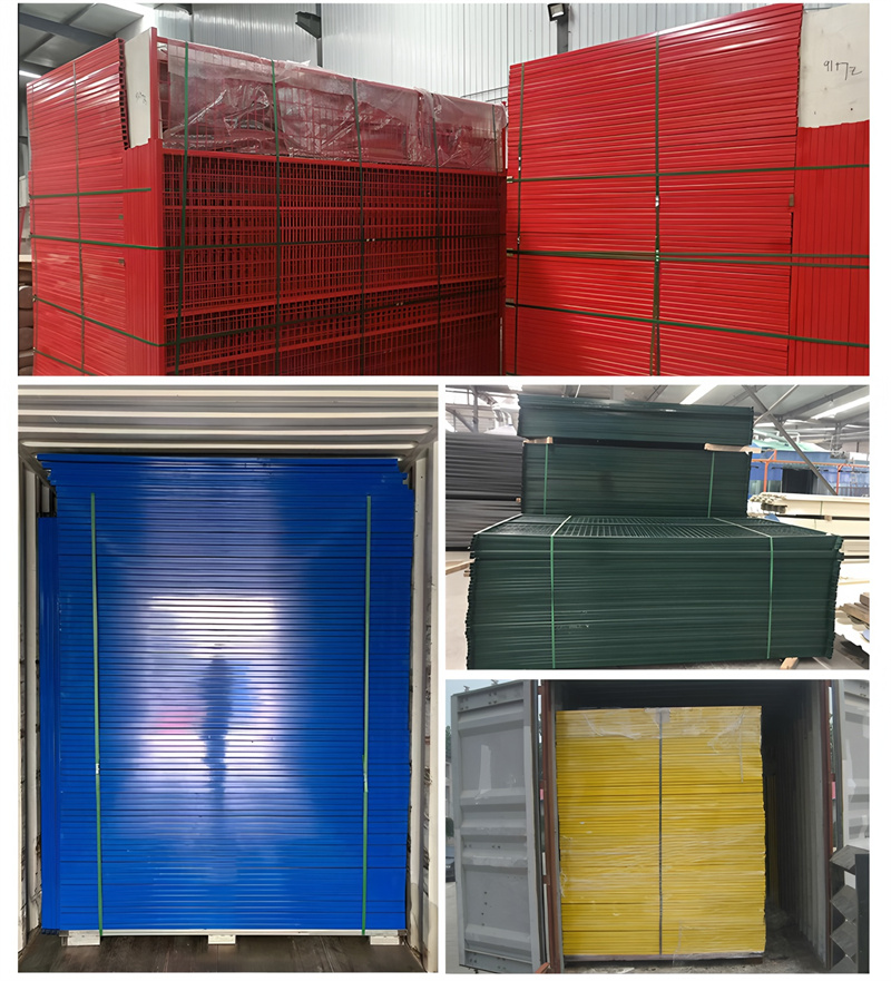 Warehouse storage of temporary fence panels in red, blue, green and yellow colors stacked and organized for distribution to construction and event sites