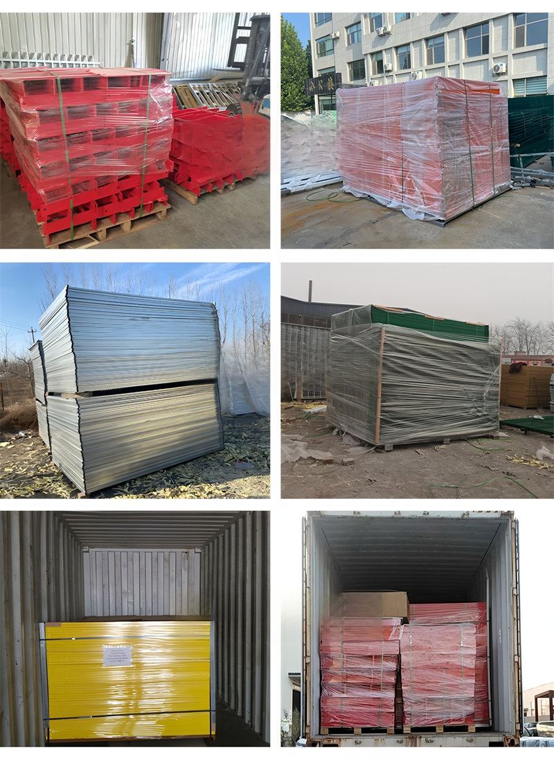 A collage of six images depicting the packaging and loading of various colored temporary fence panels (red, silver, green, yellow) onto pallets and into shipping containers.