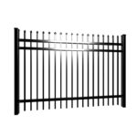A single panel of black ornamental steel fencing with decorative spear-point finials, displayed on a clean white background.