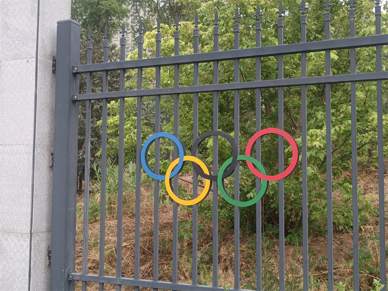 A close-up of the Olympic rings attached to a gray steel picket fence with foliage in the background.