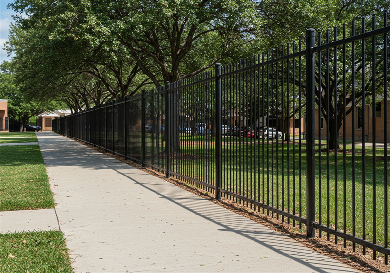 Long black metal picket fence running alongside a sidewalk, providing perimeter security for public grounds or a school.