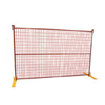 A single, red temporary mesh fence panel with yellow flat bases, isolated against a white background.
