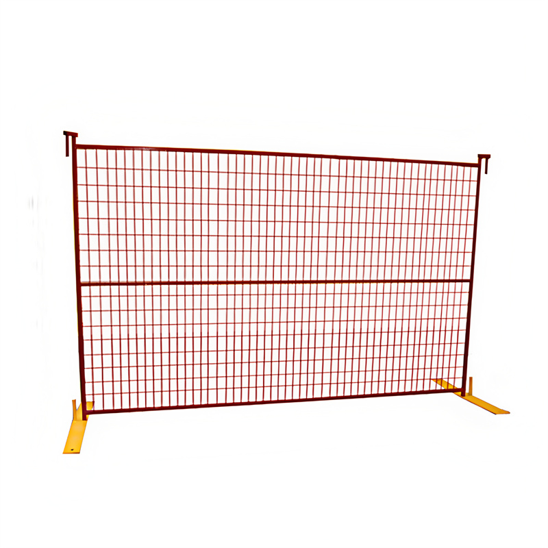A single, red temporary mesh fence panel with yellow flat bases, isolated against a white background.