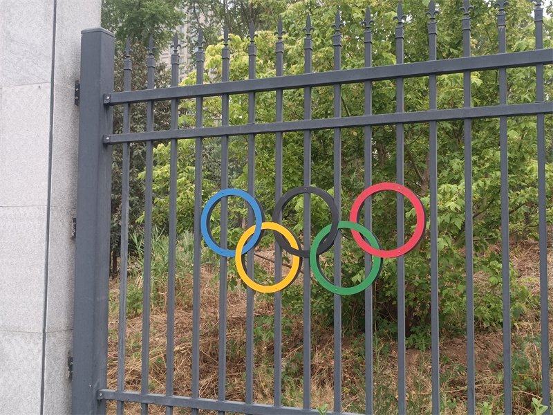 A close-up of the Olympic rings attached to a gray steel picket fence with foliage in the background.