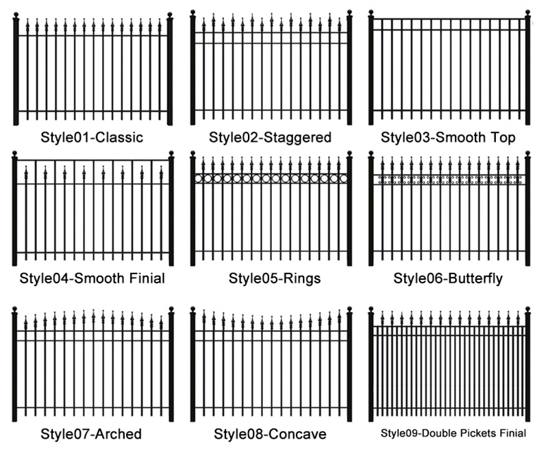 A grid displaying nine different styles of black metal picket fences, including Classic, Staggered, Smooth Top, Smooth Finial, Rings, Butterfly, Arched, Concave, and Double Pickets Finial.