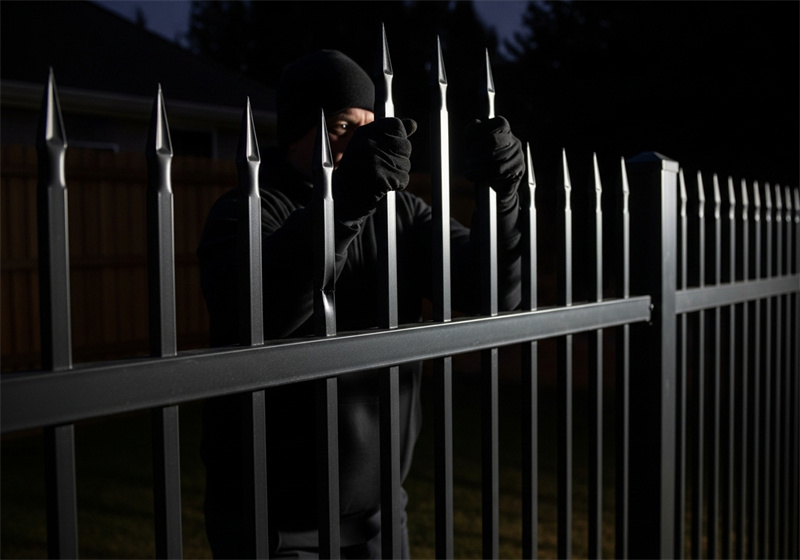A person dressed in black clothing, including a beanie and gloves, attempting to climb a tall, black steel picket fence with pointed tops during the night. The person's face is partially visible as they grip the pickets.