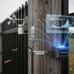Illustration showing sensors on a fence post capturing wind and stress data feeding into AI prediction software.