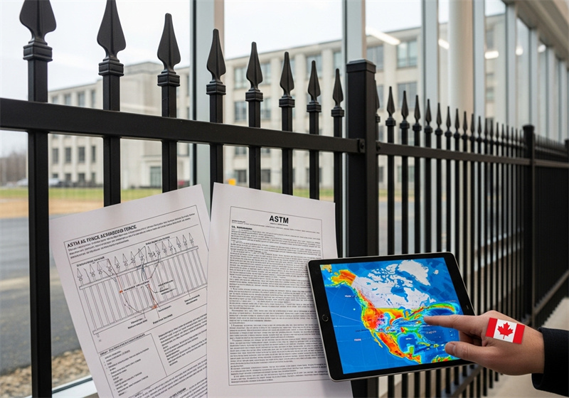 An image showing fence standards being reviewed. In the foreground, a person holds a tablet displaying a weather map of North America, with papers showing ASTM fence specifications resting in front of it. A black steel picket fence is visible in the background.