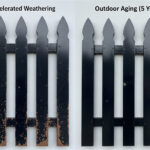 Side-by-side images of fence panels exposed to accelerated weathering vs outdoor aging.