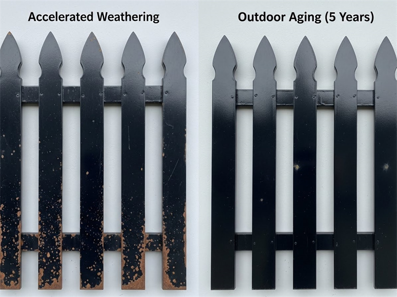 Side-by-side images of fence panels exposed to accelerated weathering vs outdoor aging.