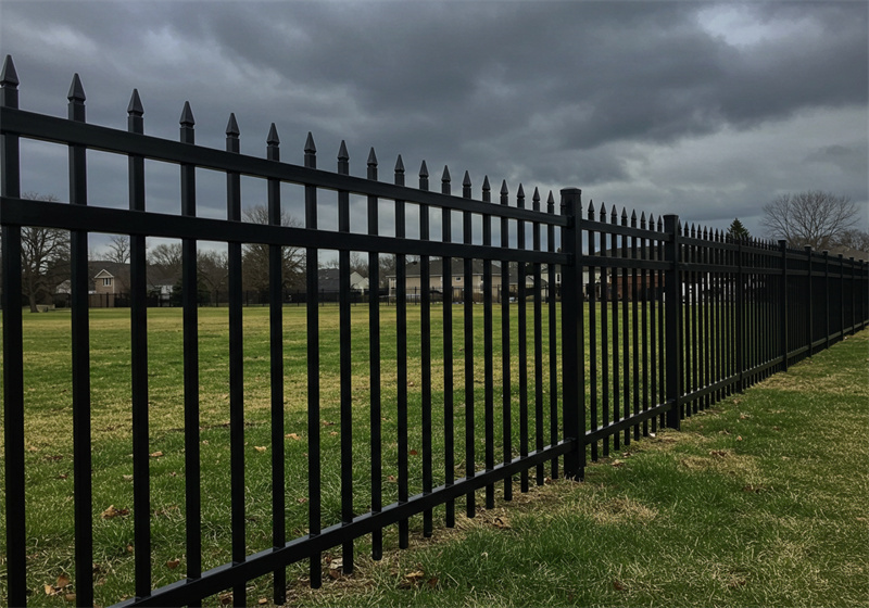 A long black steel picket fence with pointed tops stretching across a vast green field under a dark, cloudy sky. In the far background, houses and a line of trees can be seen.