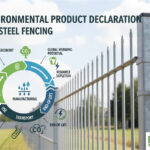 An infographic explaining the Environmental Product Declaration (EPD) for steel fencing, illustrating the product lifecycle from raw material extraction to end-of-life, and highlighting key environmental impacts like CO2 emissions and resource depletion.