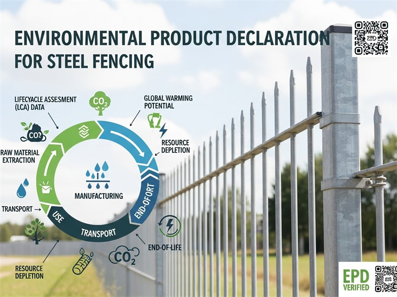 An infographic explaining the Environmental Product Declaration (EPD) for steel fencing, illustrating the product lifecycle from raw material extraction to end-of-life, and highlighting key environmental impacts like CO2 emissions and resource depletion.