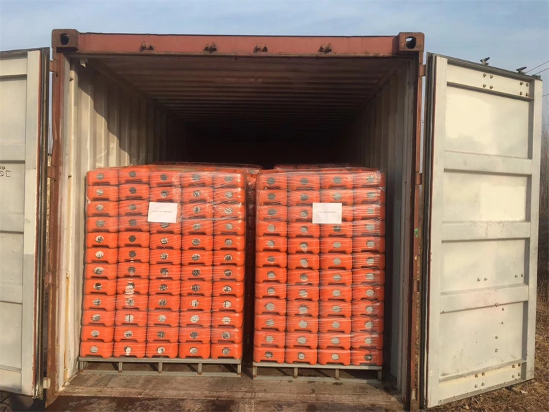 DB Fencing temporary fence plastic feet neatly stacked on pallets and wrapped for bulk export in a shipping container, highlighting the company's expertise in factory-direct shipping for B2B clients such as construction firms and global distributors.