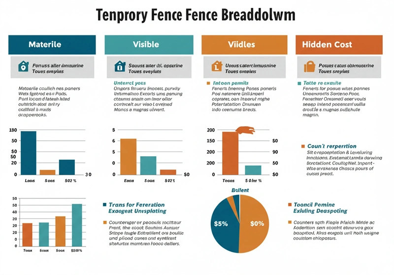 Dashboard infographic from DB Fencing illustrating materials, visible features, viability, and hidden costs of temporary wire mesh fences, with bar and pie charts showcasing product quality, durability, and cost-effectiveness for B2B customers such as construction firms and distributors.