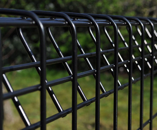 Close-up of a black BRC fence panel showing the rolled-top edge design that removes sharp edges for school safety