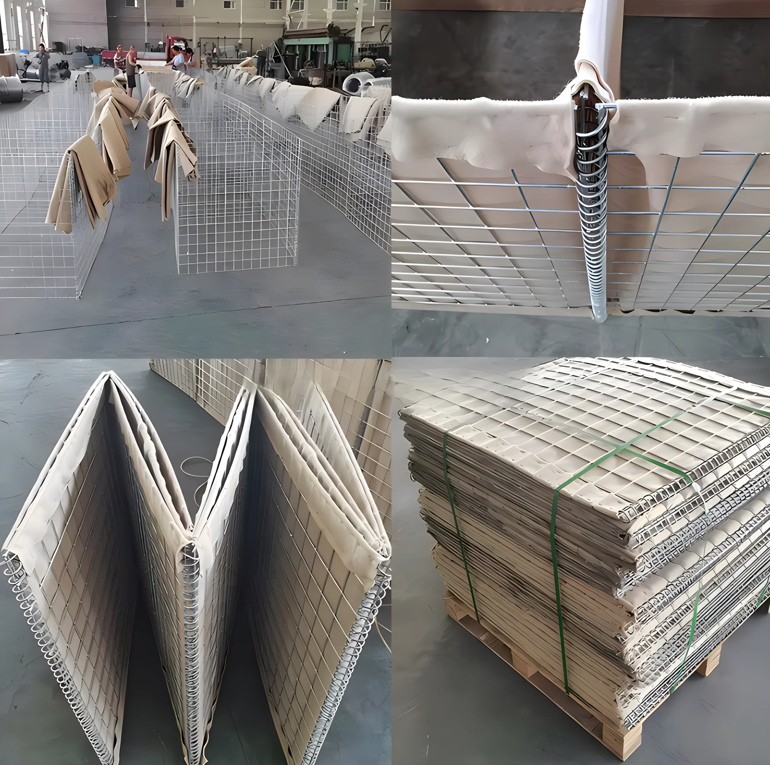 DB Fencing manufacturing high-quality Hesco barriers with spring-loaded attachment points for rapid temporary fencing installation. This image showcases our automated welding production lines and bulk packaging ready for global export.