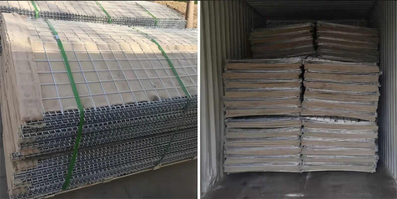 DB Fencing expertly packages stacks of heavy-duty Hesco Barriers for export, ensuring secure loading into shipping containers for global distribution to construction sites and defense contractors.