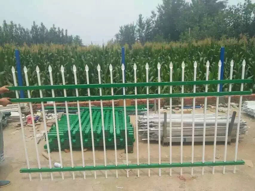 Steel picket fence panel with white pointed vertical pickets fixed to three green horizontal rails and blue end posts, held by a worker in a yard with stacked fence panels and a cornfield behind