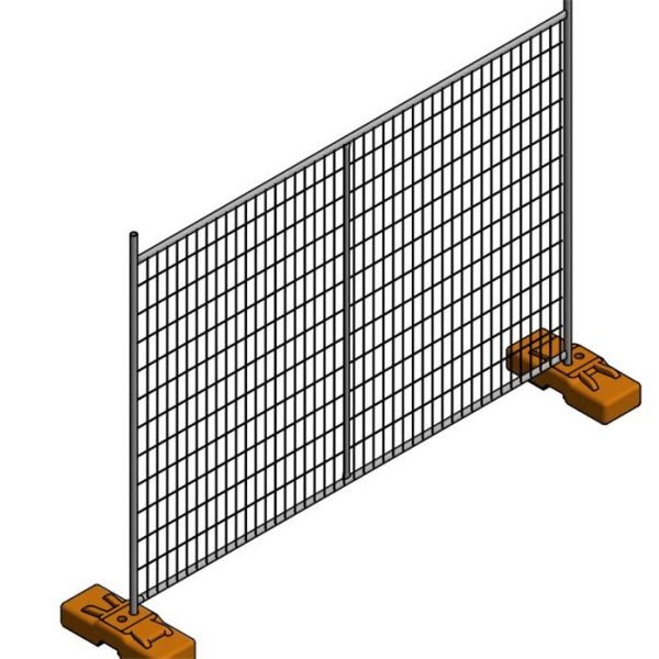 un dessin d'une clôture temporaire avec une traverse remplie, installée avec deux pieds en plastique orange